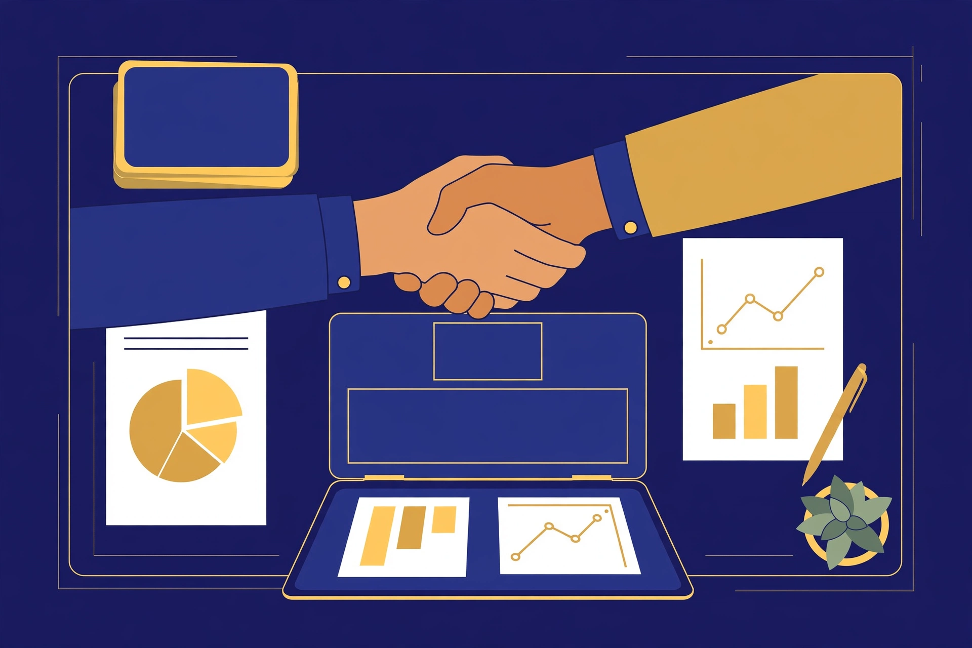 Business handshake over laptop and charts, representing business consulting
